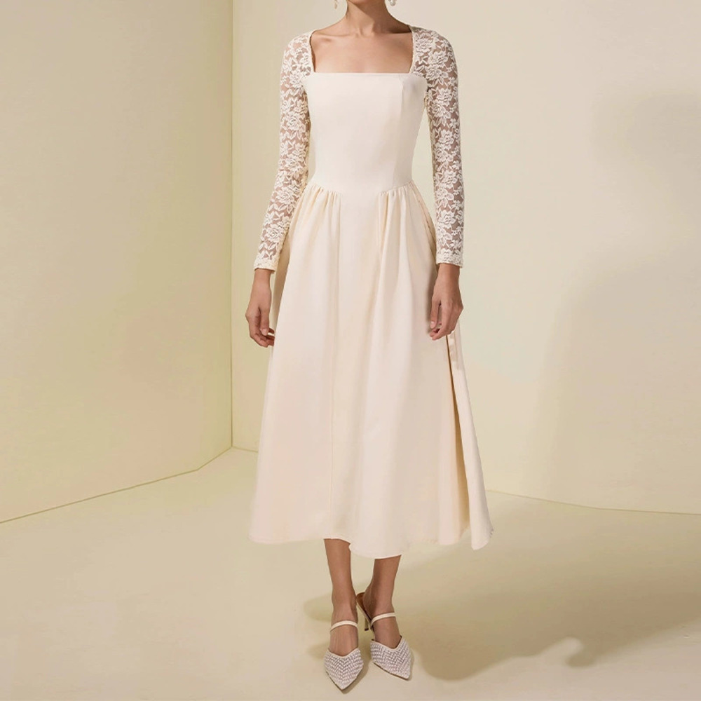 Forever 21 Spring Square Neck Long-Sleeve Lace Patchwork Elegant Midi Dress